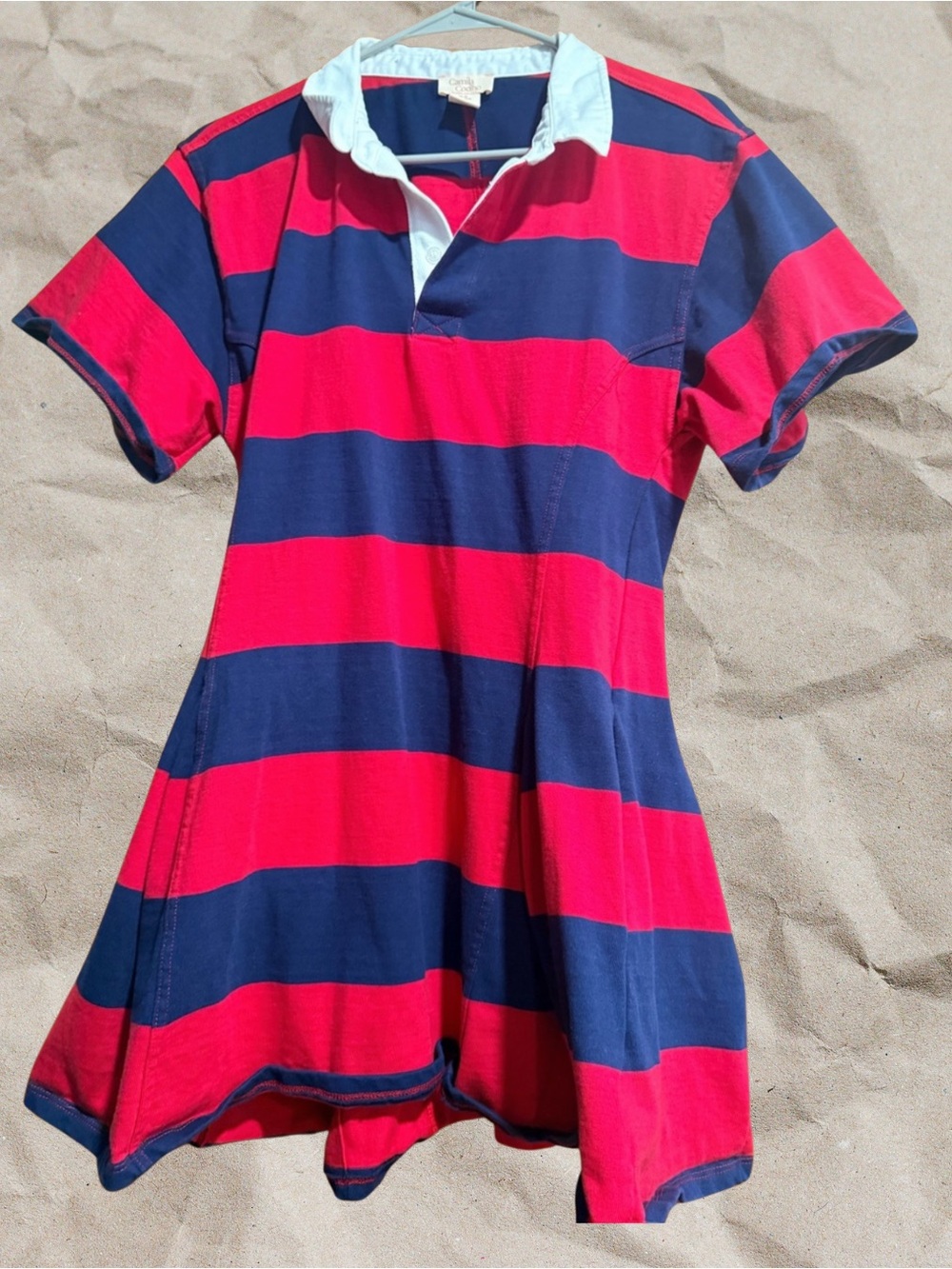 Camila Coelho Red & Navy Striped Polo Dress with White Collar Medium